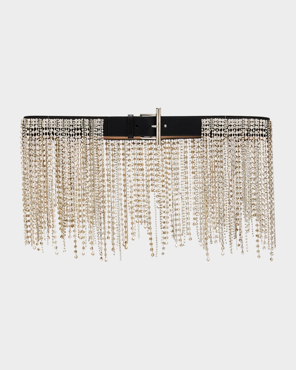 T-Bar Crystal Fringe Leather Belt